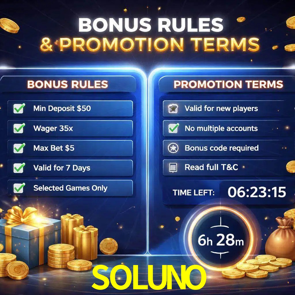 Reglas de promoción SOLUNO y condiciones de bonos explicadas visualmente