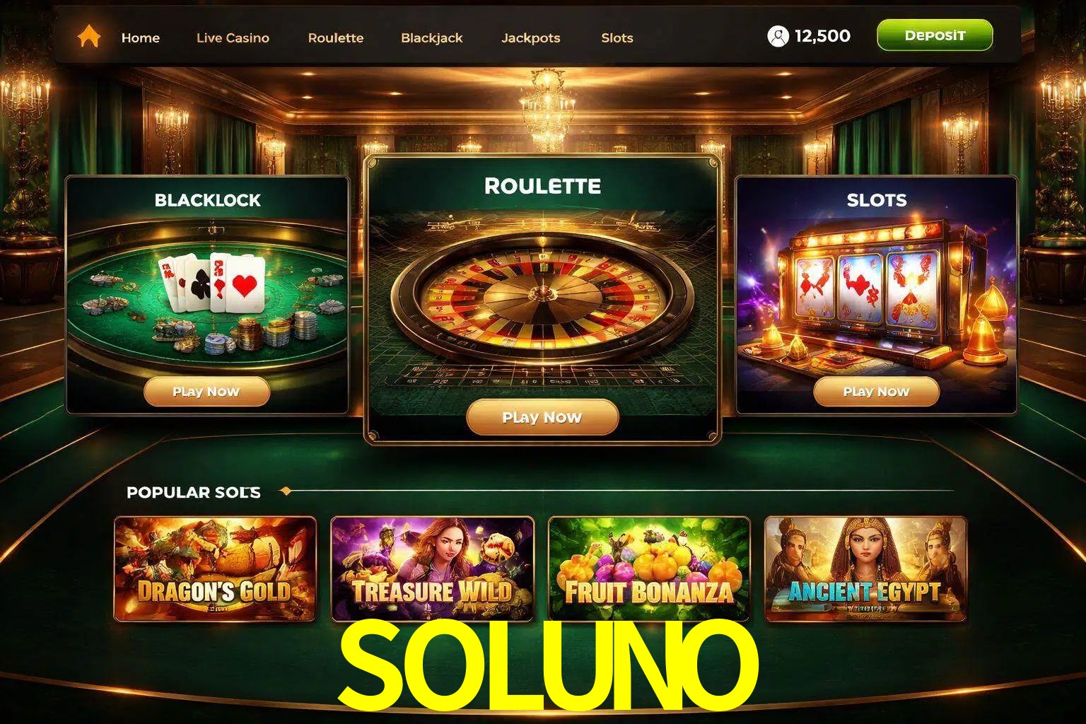 Vista de la plataforma SOLUNO Casino mostrando categorías organizadas de juegos en línea