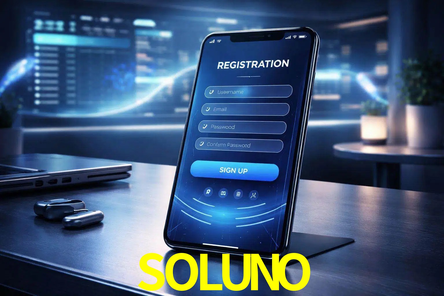 Una interfaz moderna de registro móvil para SOLUNO mostrada en un smartphone con un panel de apuestas elegante.